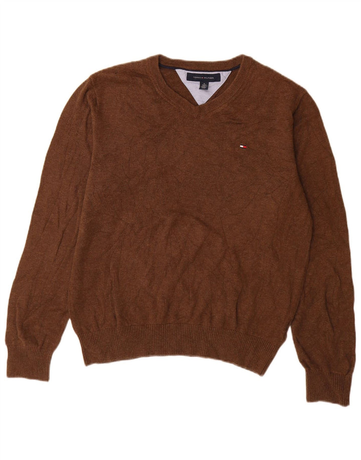 Tommy Hilfiger Suéter masculino com decote em V de algodão marrom médio