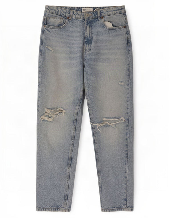 Zara Jeans feminino angustiado cônico UE 38 pequeno W28 L28 algodão azul