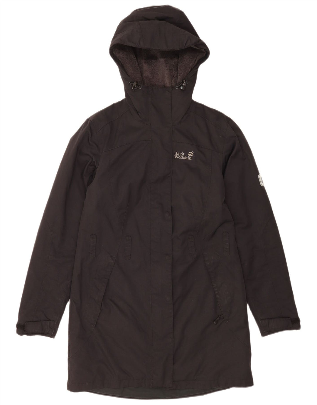 Casaco corta-vento feminino grande com capuz e capuz Jack Wolfskin Reino Unido 10 pequeno preto
