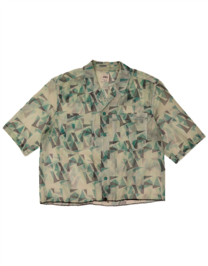 Zara Camisa masculina transparente de manga curta verde médio geométrica