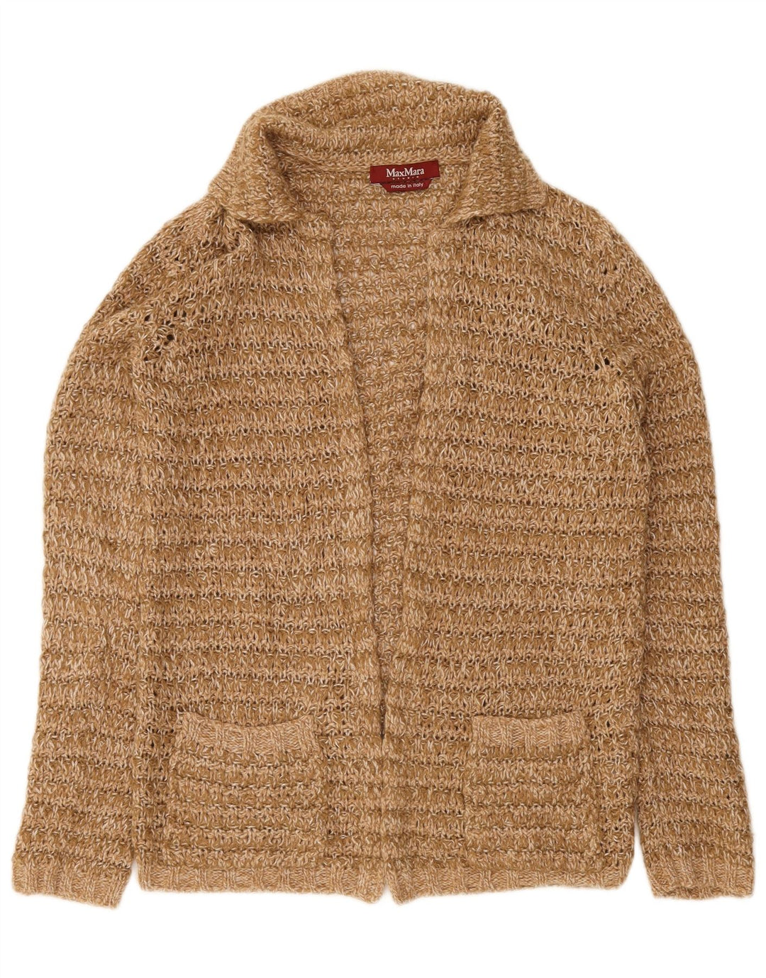 Suéter cardigã aberto feminino Max Mara Reino Unido 14 lã marrom médio