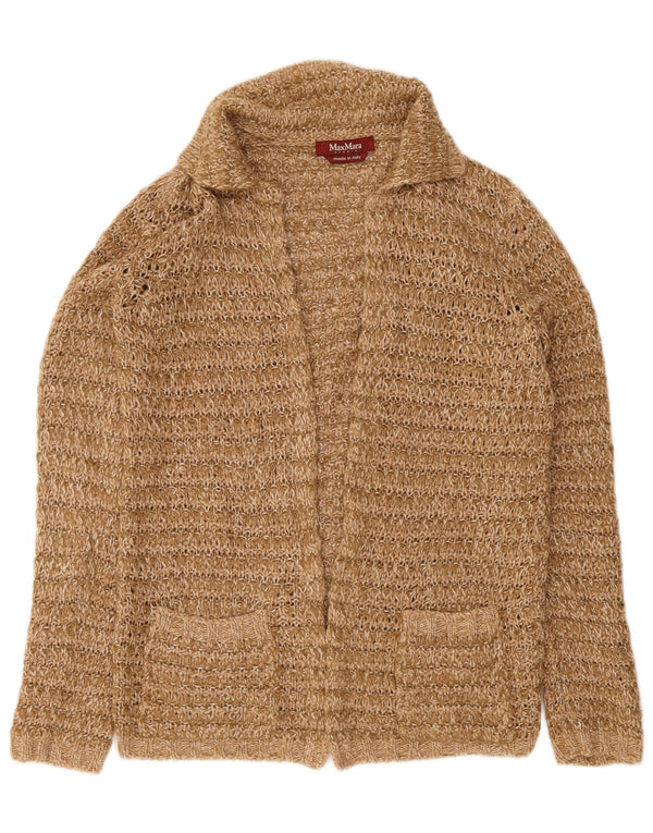 Suéter cardigã aberto feminino Max Mara Reino Unido 14 lã marrom médio