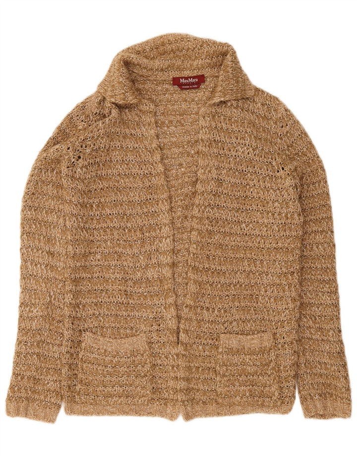 Suéter cardigã aberto feminino Max Mara Reino Unido 14 lã marrom médio
