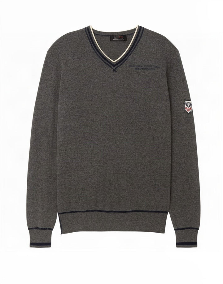 Zara Suéter masculino gráfico com decote em V cinza médio