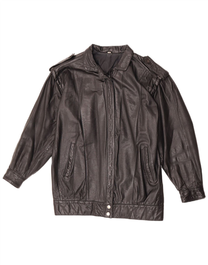 Jaqueta de couro militar feminina vintage Reino Unido 12 couro preto médio