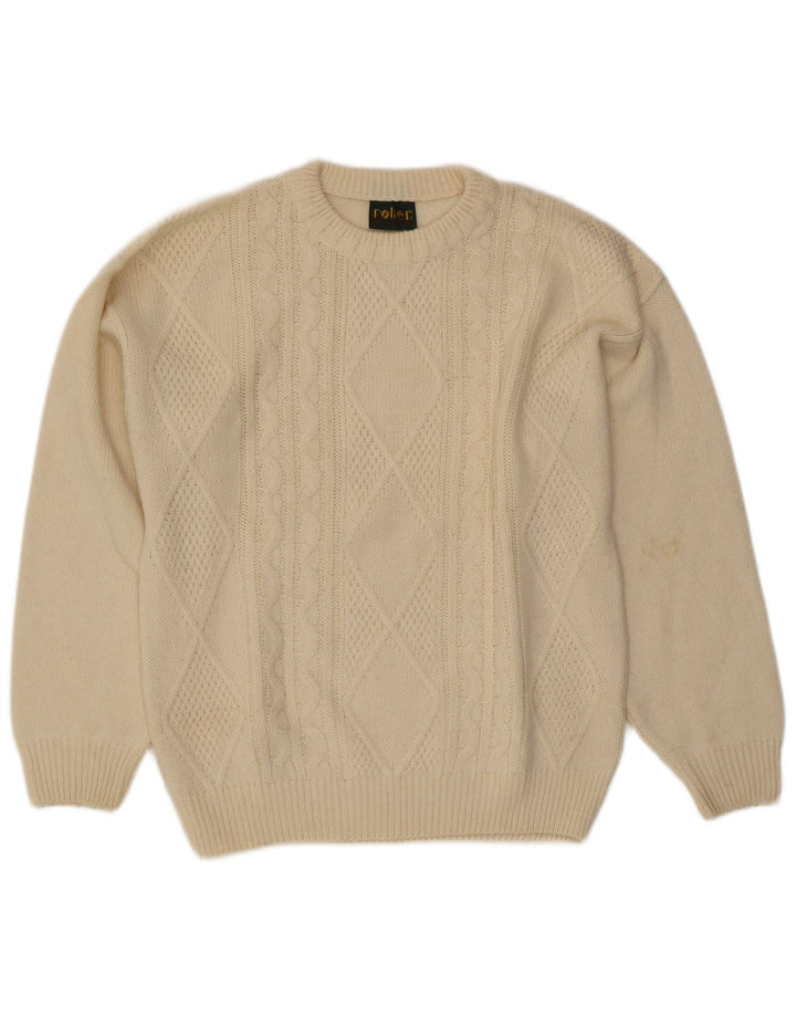 Suéter vintage masculino com gola redonda grande off white Argyle/lã diamante