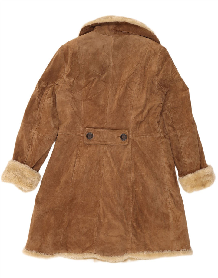 Casaco feminino de shearling com peito duplo Camaieu Reino Unido 14 couro bege grande