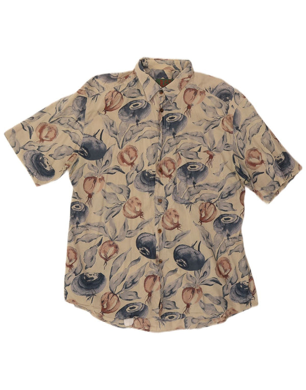 Vintage masculino abstrato Padrão manga curta Camisa algodão bege grande