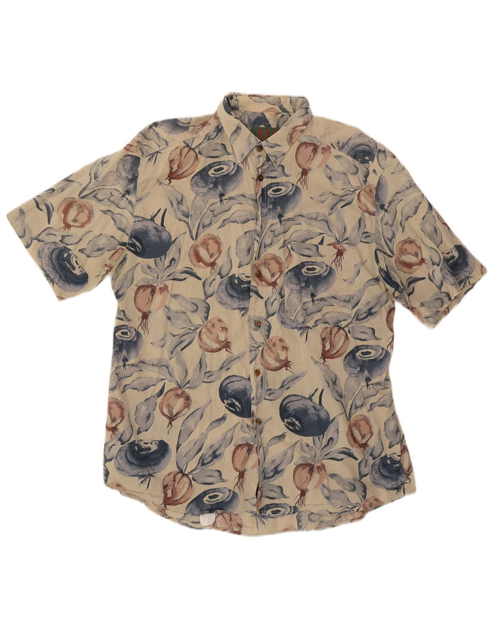 Vintage masculino abstrato Padrão manga curta Camisa algodão bege grande