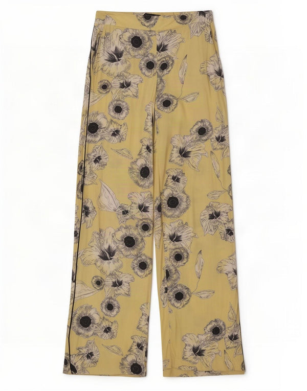 Zara Calça feminina casual de perna larga pequena W26 L32 amarelo floral
