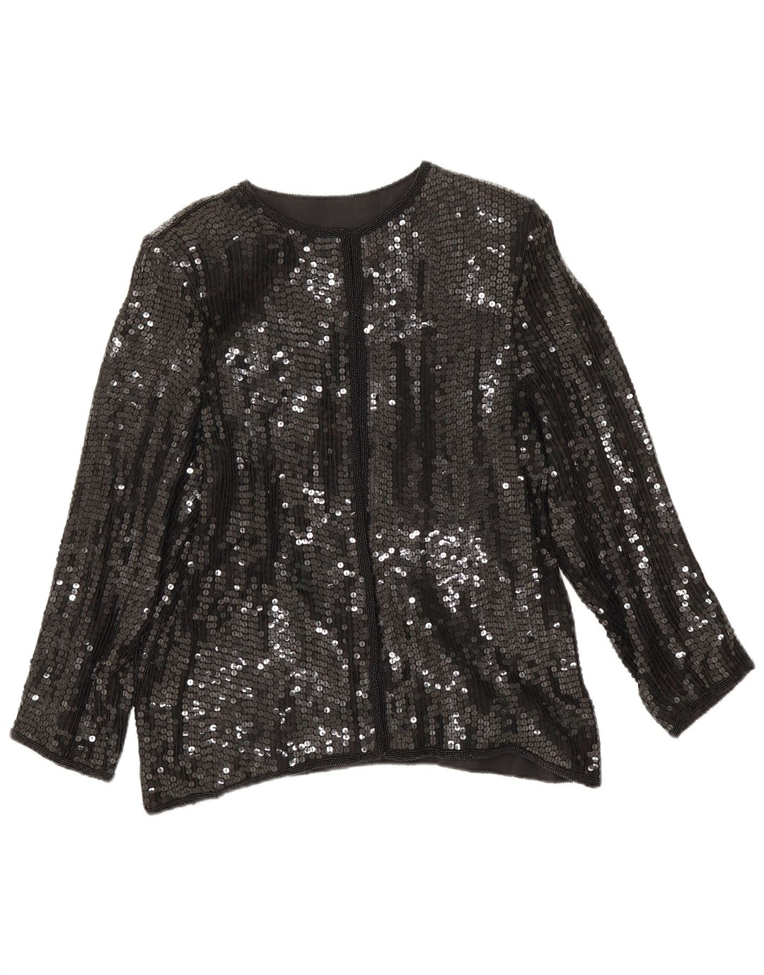 Blusa feminina vintage de lantejoulas UK 14 seda preta média