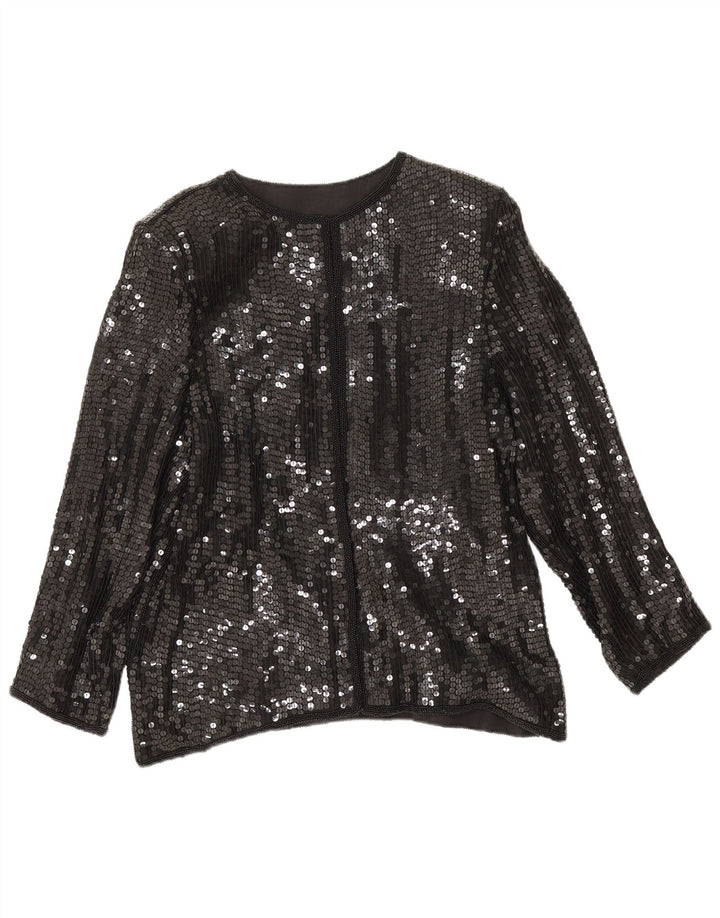 Blusa feminina vintage de lantejoulas UK 14 seda preta média