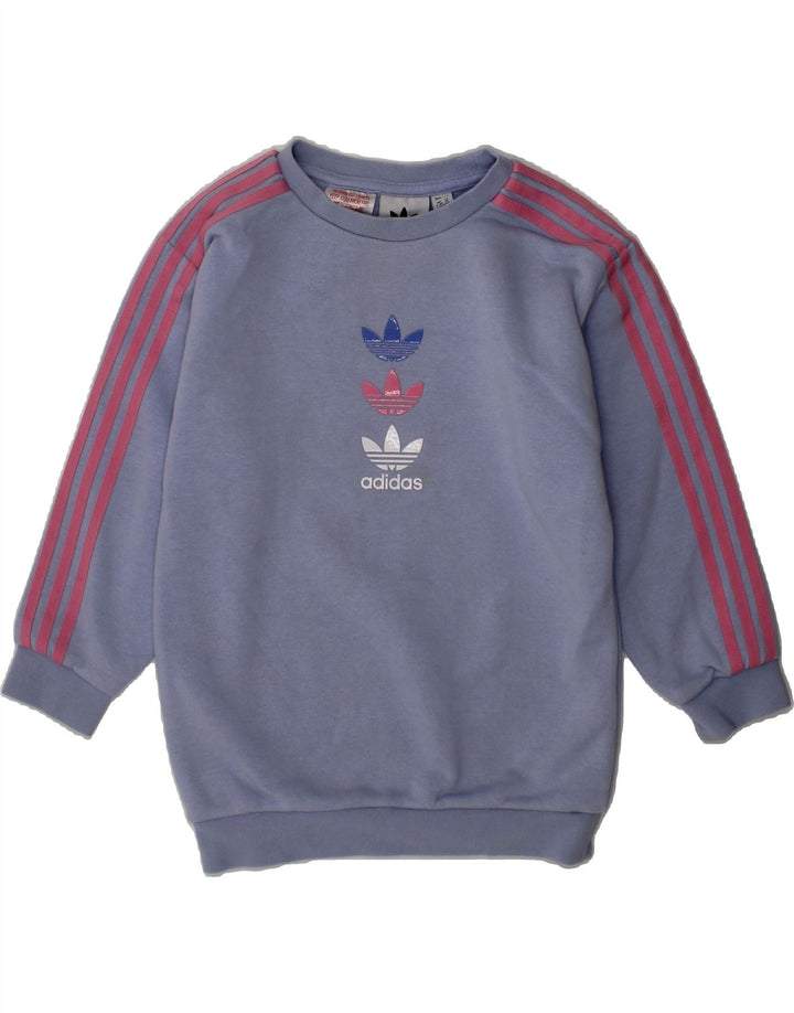 ADIDAS Girls Graphic Sweatshirt Jumper 2-3 Years Blue Cotton Vintage Adidas and Second-Hand Adidas from Messina Hembry 