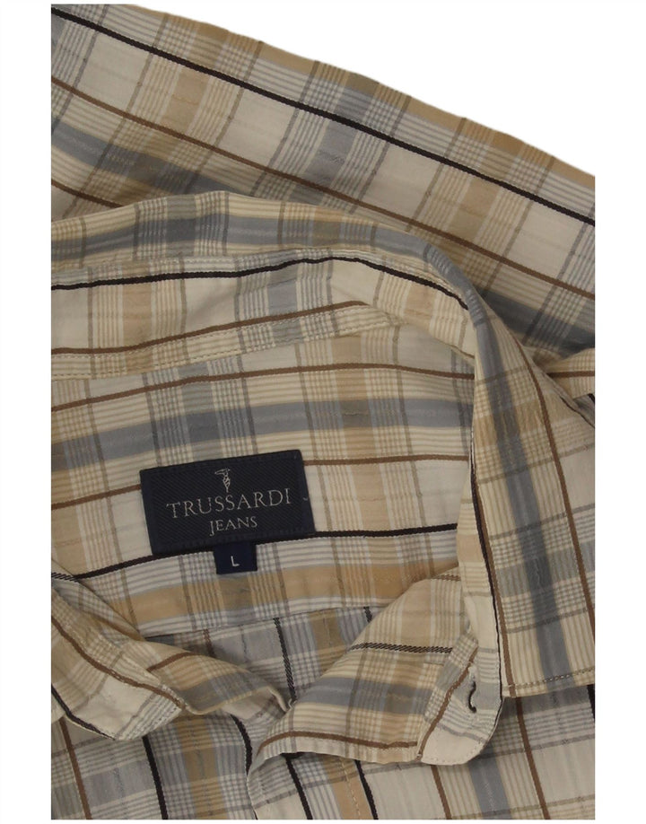 Trussardi Jeans Camisa masculina grande xadrez bege