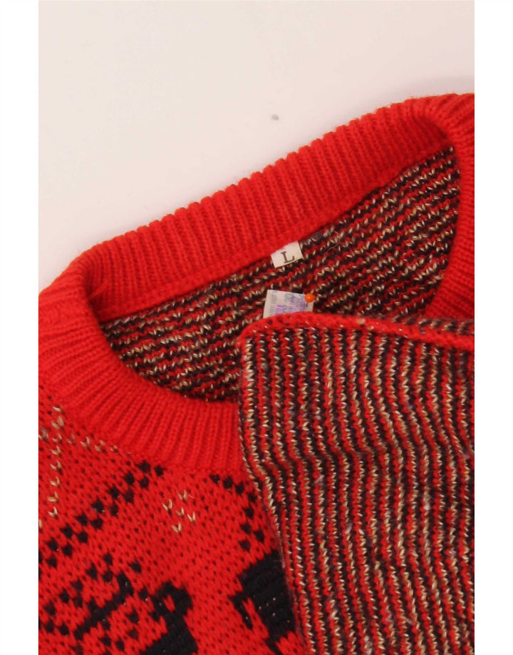 Suéter vintage masculino com gola redonda, grande lã vermelha Fair Isle