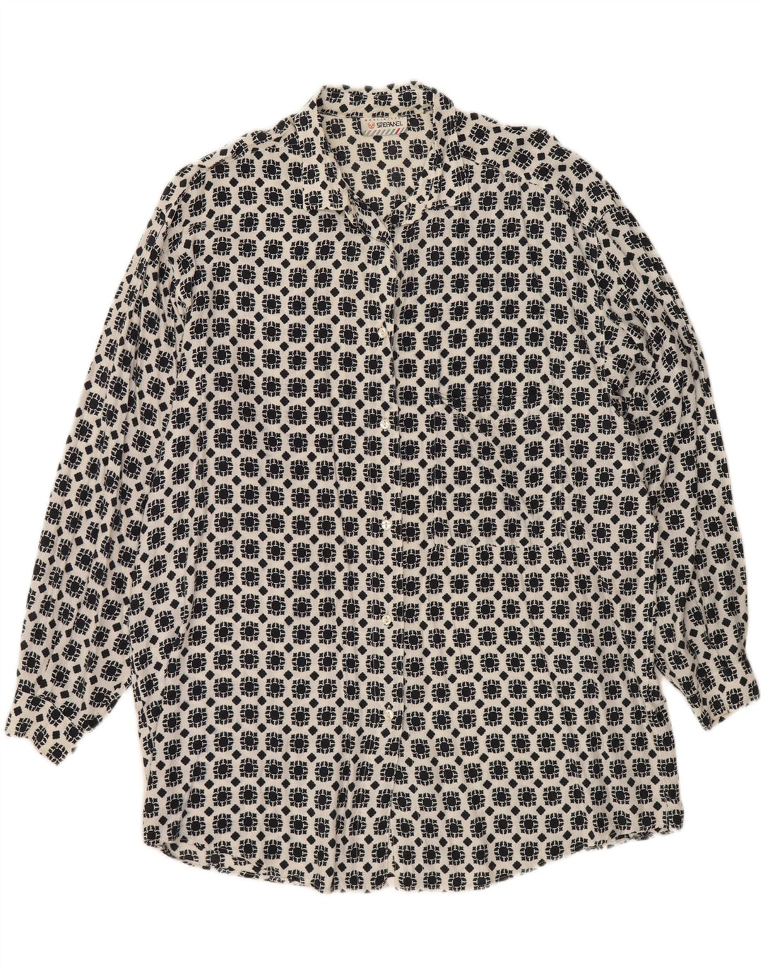 STEFANEL Womens Longline Oversized Shirt UK 14 Medium White Geometric Vintage Stefanel and Second-Hand Stefanel from Messina Hembry 