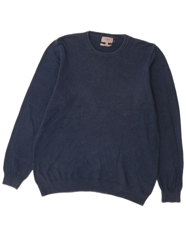 Suéter masculino Marks & Spencer com gola redonda, grande algodão azul marinho