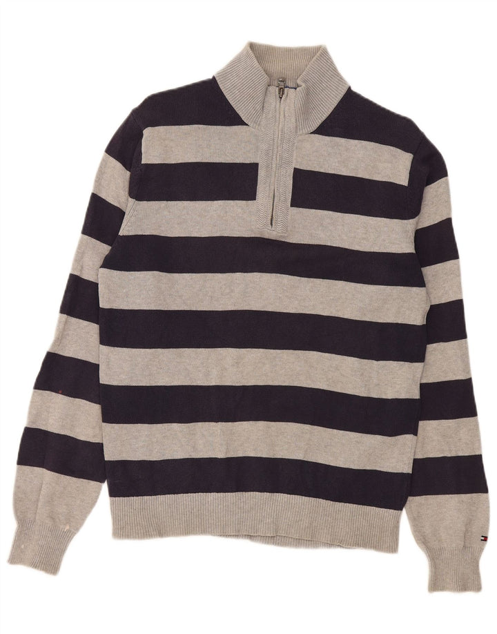 Suéter masculino Tommy Hilfiger com zíper e gola em algodão listrado cinza médio