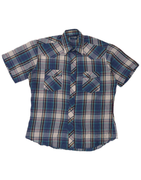 Wrangler Mens Short Sleeve Ruffle Front Shirt Large Blue Plaid