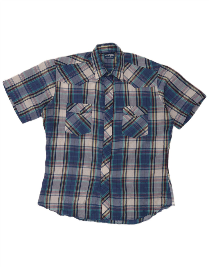 Wrangler Camisa masculina de manga curta com babados frontal grande xadrez azul