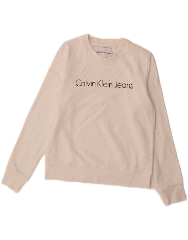 Calvin Klein Jeans feminino moletom gráfico jumper UK 10 pequeno branco