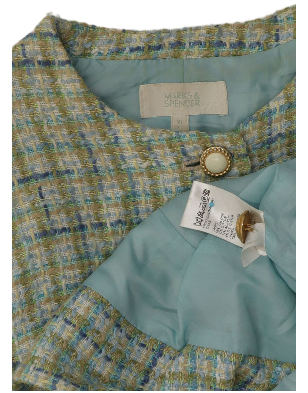 Jaqueta blazer feminina Marks & Spencer com 4 botões Reino Unido 18 XL verde xadrez viscose