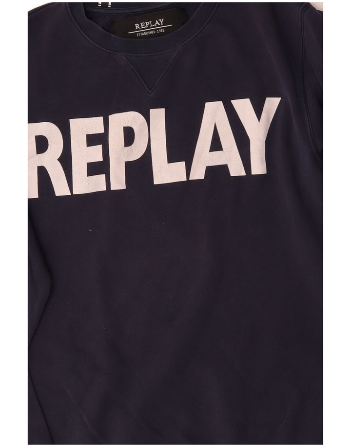 Replay moletom gráfico masculino jumper médio azul marinho algodão