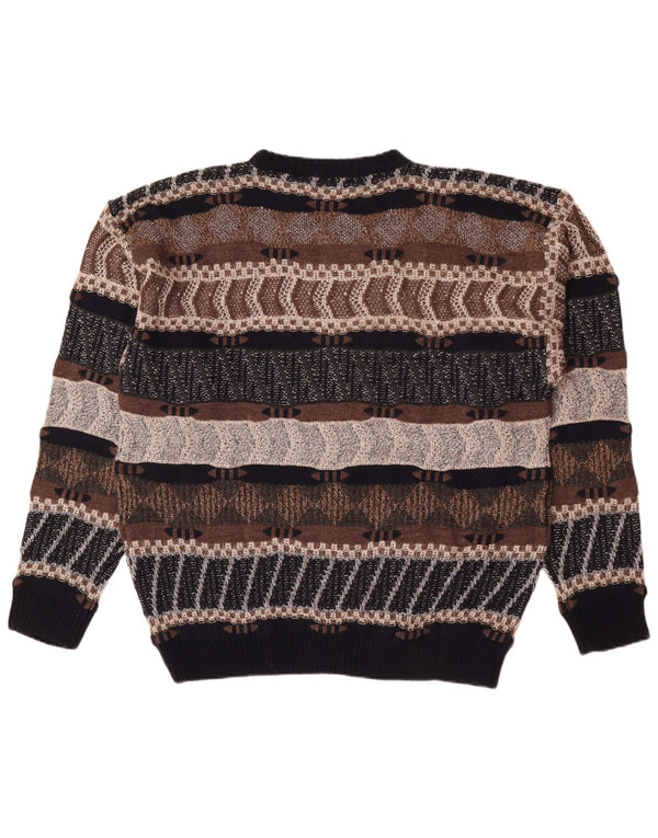 Suéter vintage masculino com gola redonda 2XL acrílico listrado marrom