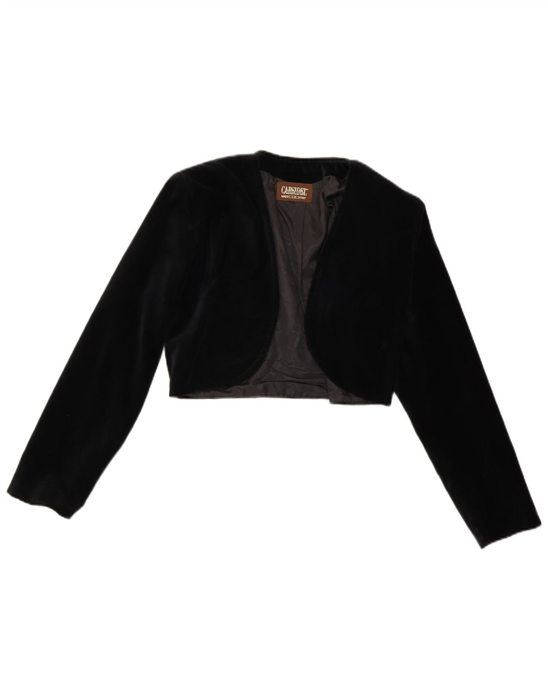 Jaqueta Bolero aberta de veludo feminina vintage Reino Unido 14 poliéster preto médio