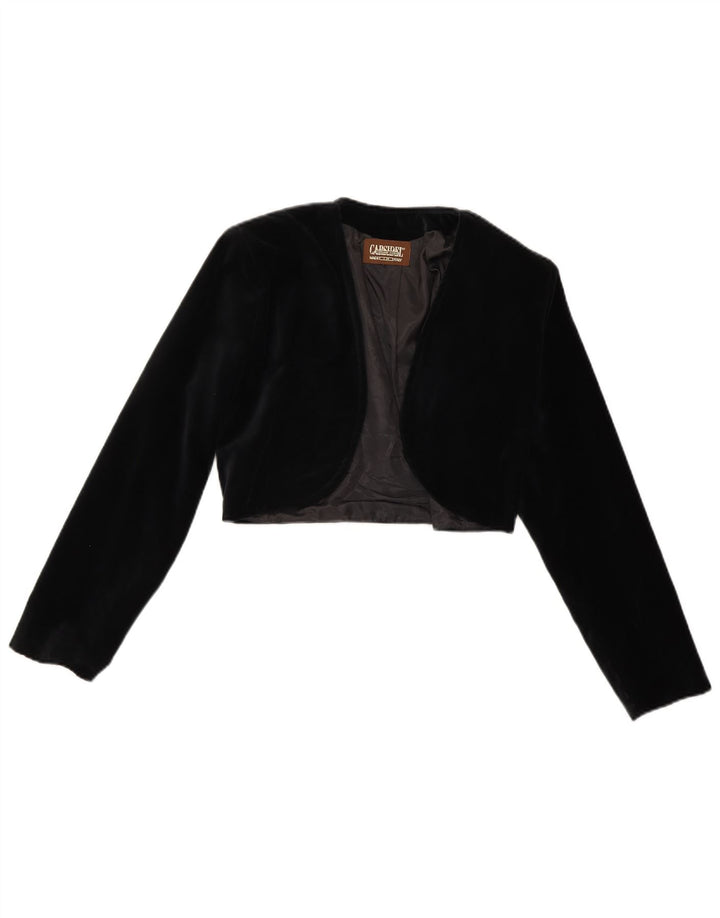 Jaqueta Bolero aberta de veludo feminina vintage Reino Unido 14 poliéster preto médio