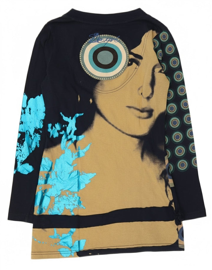 Desigual Top gráfico feminino manga comprida Reino Unido 10 pequeno azul marinho