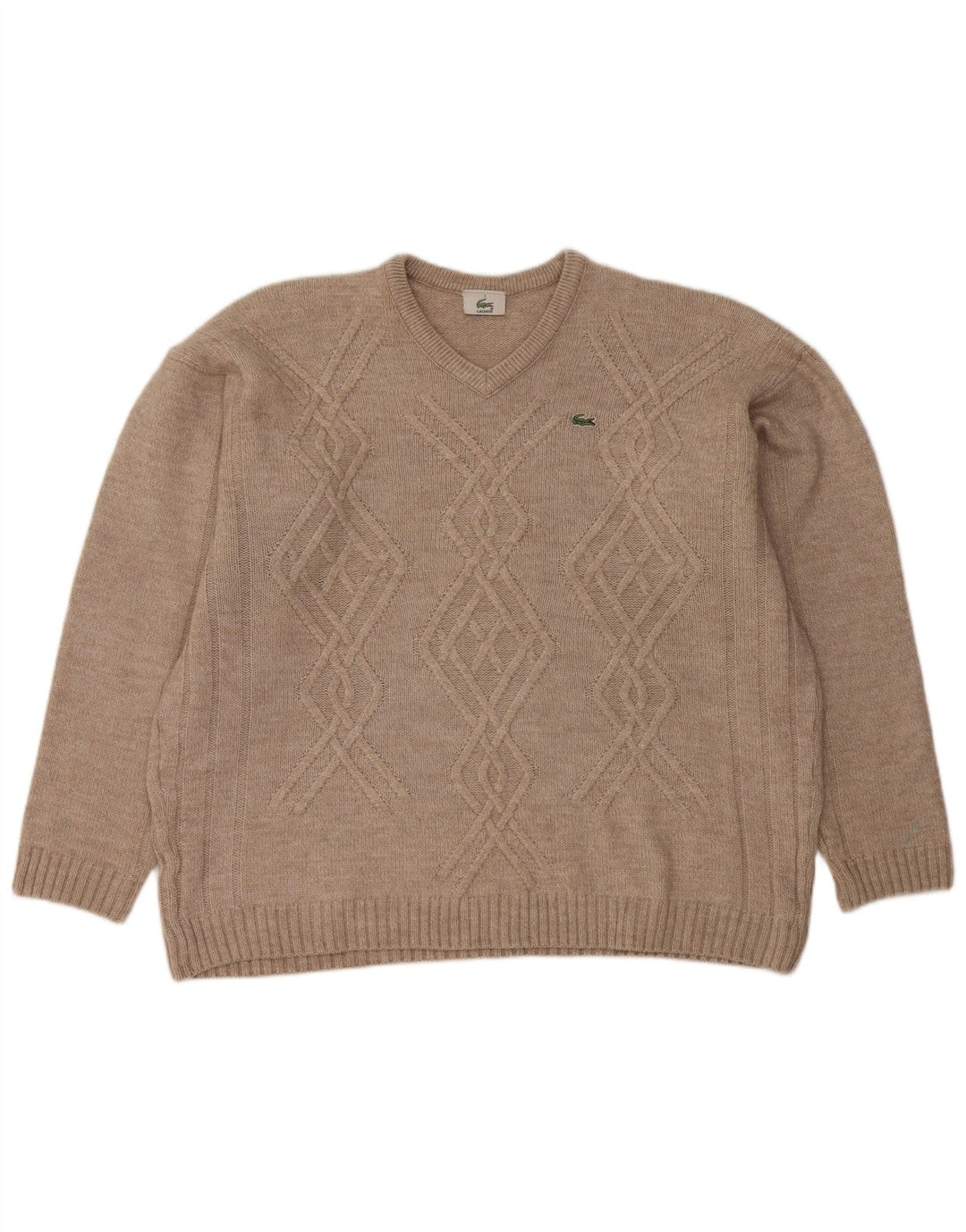 Suéter masculino LACOSTE com decote em V tamanho 7 2XL lã bege