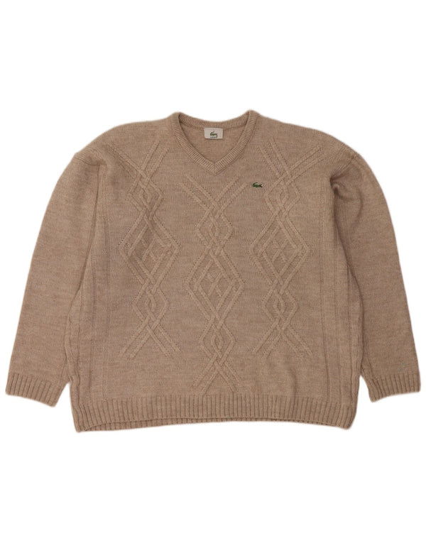 Suéter masculino LACOSTE com decote em V tamanho 7 2XL lã bege