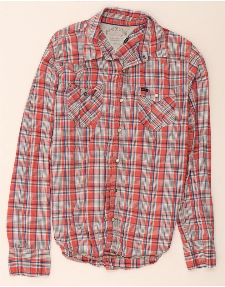 Camisa gráfica masculina Hilfiger Denim médio vermelho xadrez algodão