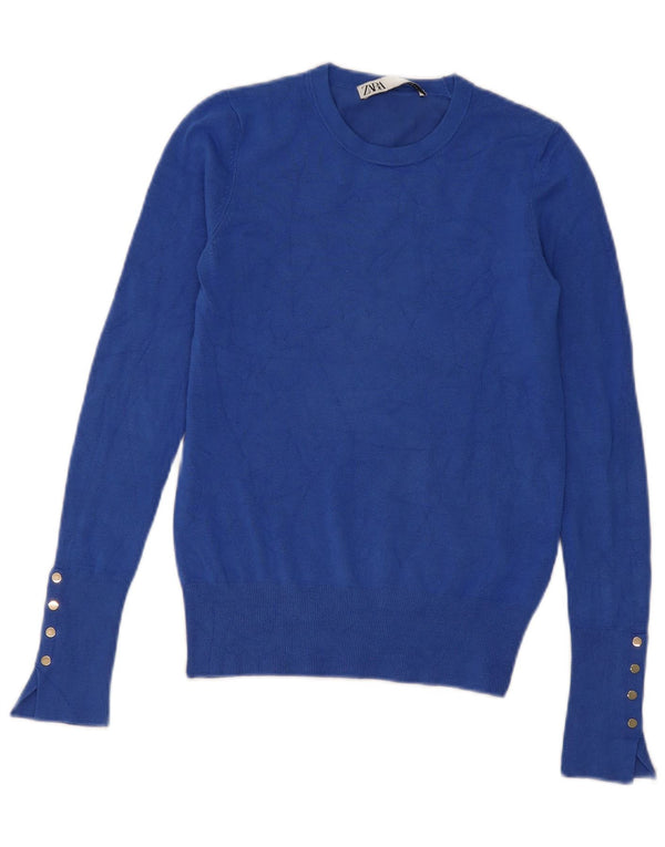 Suéter feminino Zara com gola redonda e viscose azul pequena Reino Unido 10