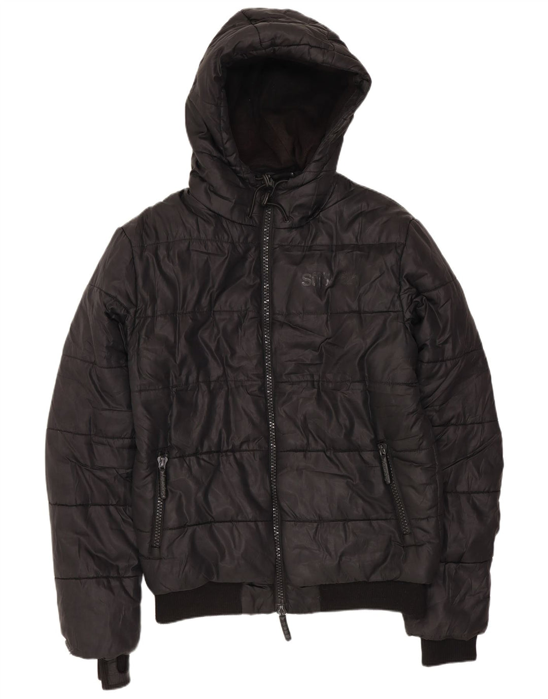Jaqueta masculina acolchoada com capuz gráfico SUPERDRY UK 38 poliéster preto médio