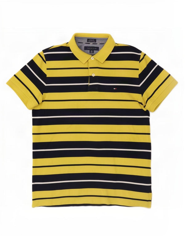 Camisa polo masculina Tommy Hilfiger Custom Fit algodão listrado amarelo médio
