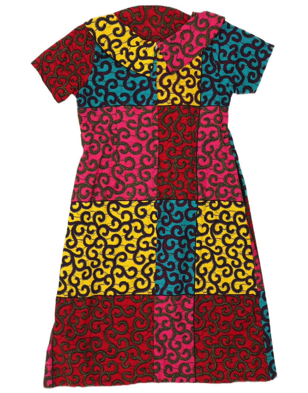 Vestido vintage feminino evasê UK 14 bloco colorido médio multicolorido