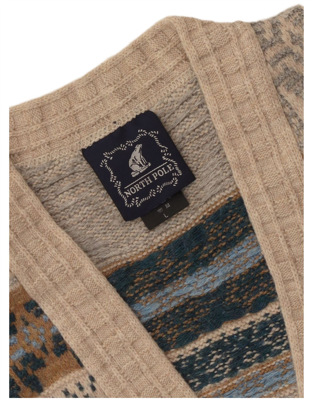 Suéter cardigã masculino North Pole grande bege lã Fair Isle