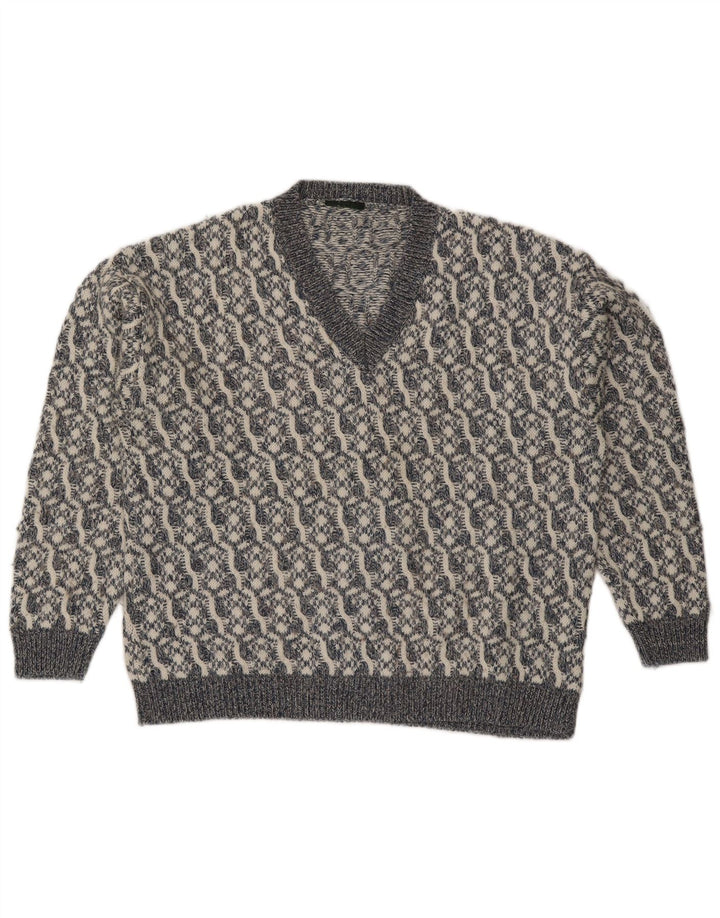 Suéter masculino vintage com decote em V grande lã geométrica cinza