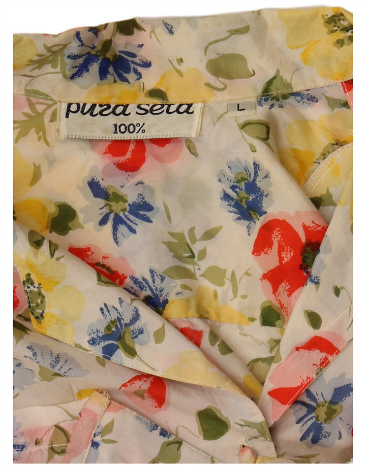 Camisa masculina vintage de manga curta grande seda floral multicolorida