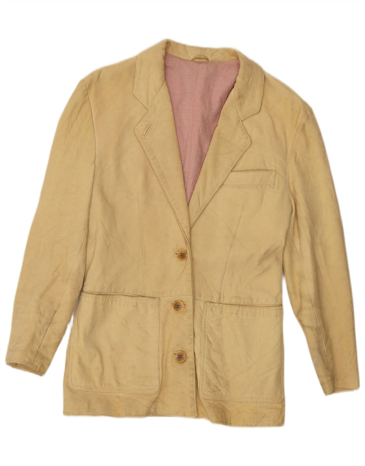 Jaqueta blazer de couro feminina vintage com 3 botões Reino Unido 10 pequena amarela