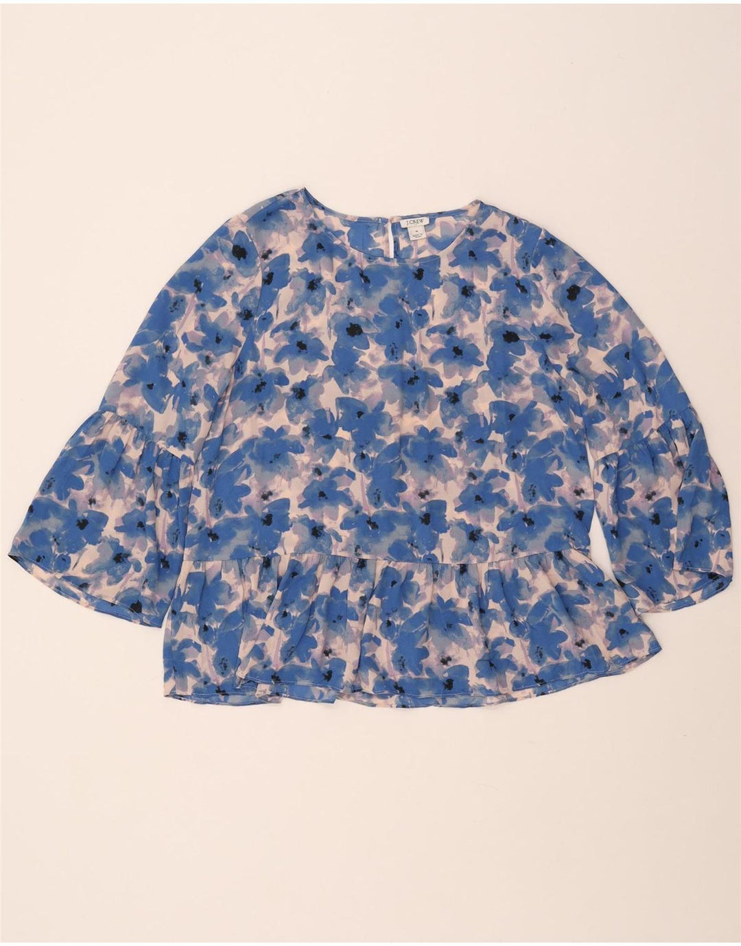 Blusa feminina J. CREW manga 3/4 UK 14 poliéster floral azul médio