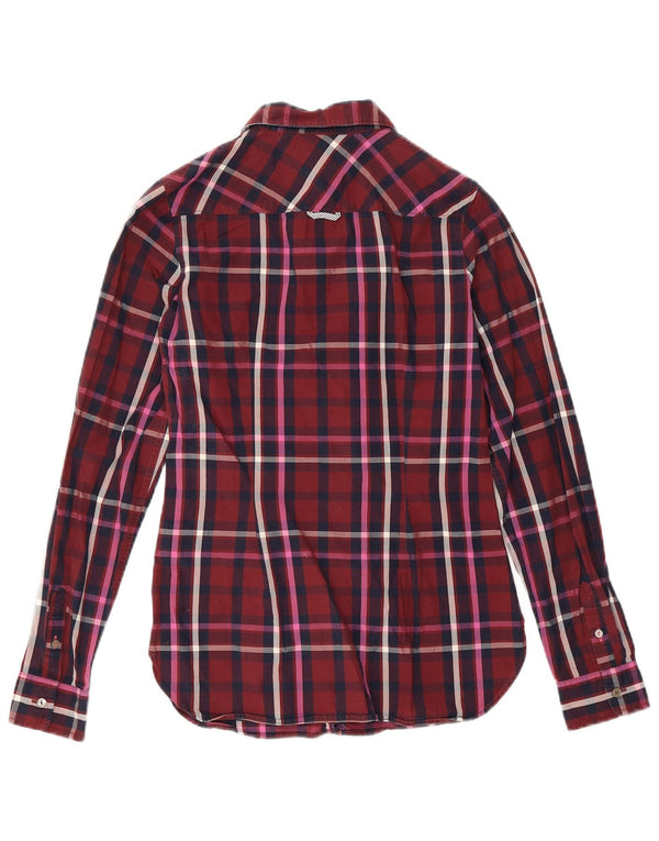 Camisa justa feminina Tommy Hilfiger EUA 4 pequena algodão xadrez borgonha
