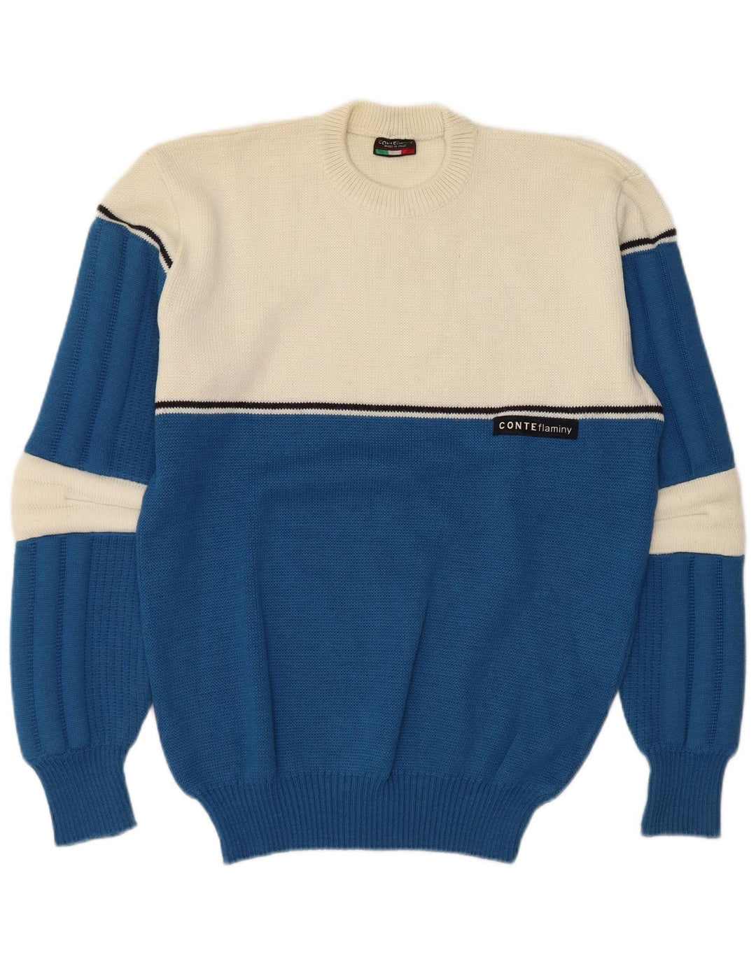 Suéter vintage masculino com gola redonda, grande lã colorblock azul