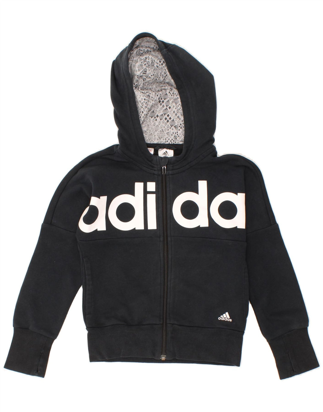 ADIDAS Girls Graphic Zip Hoodie Sweater 7-8 Years Black Cotton Vintage Adidas and Second-Hand Adidas from Messina Hembry 