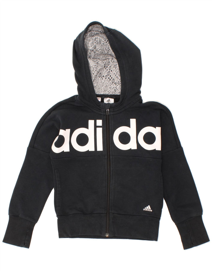 ADIDAS Girls Graphic Zip Hoodie Sweater 7-8 Years Black Cotton Vintage Adidas and Second-Hand Adidas from Messina Hembry 