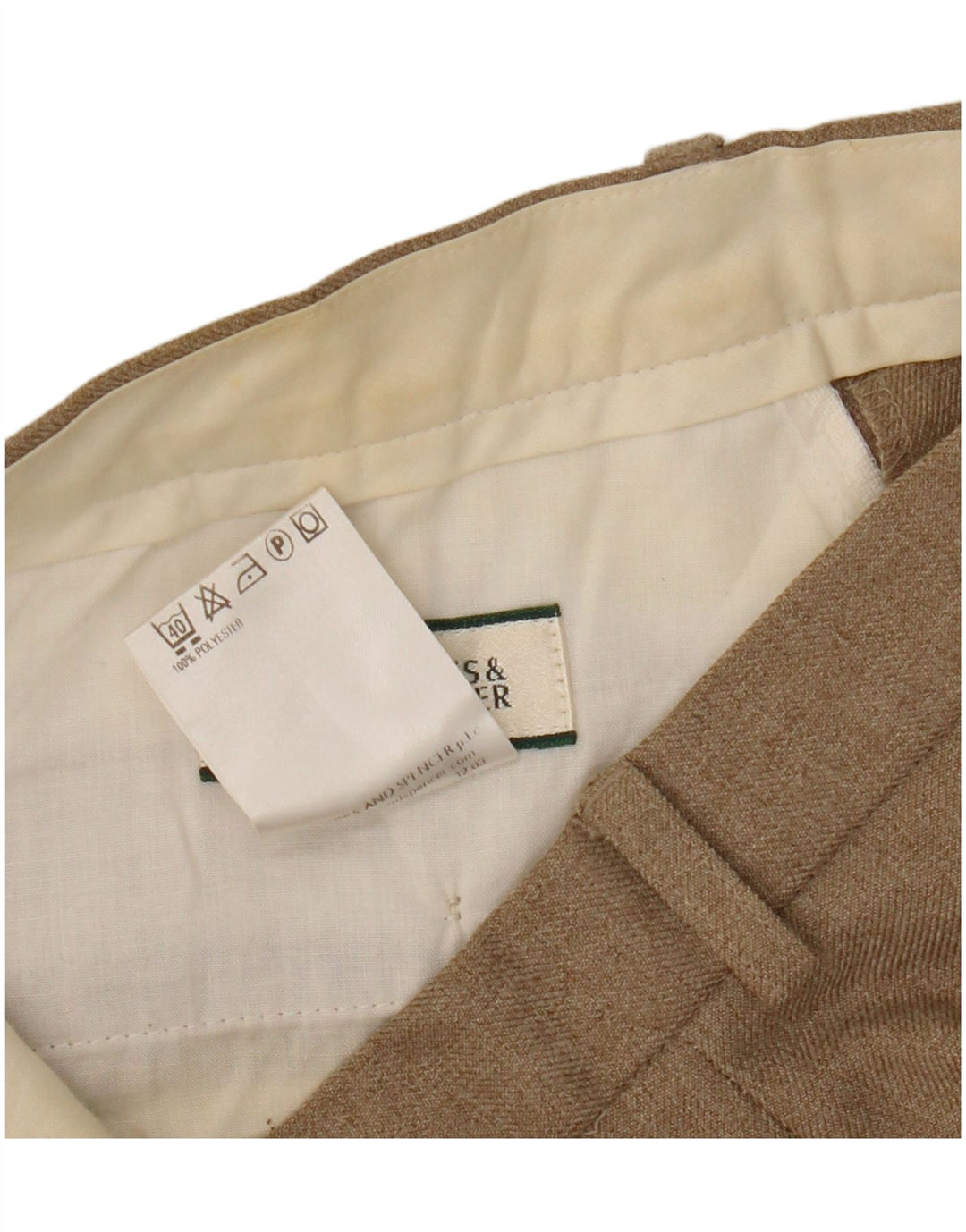 Calça chino reta masculina Marks & Spencer W32 L31 poliéster bege