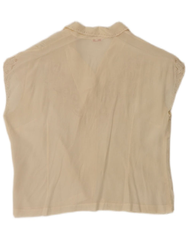 Blusa feminina vintage sem mangas UE 40 médio off white floral seda
