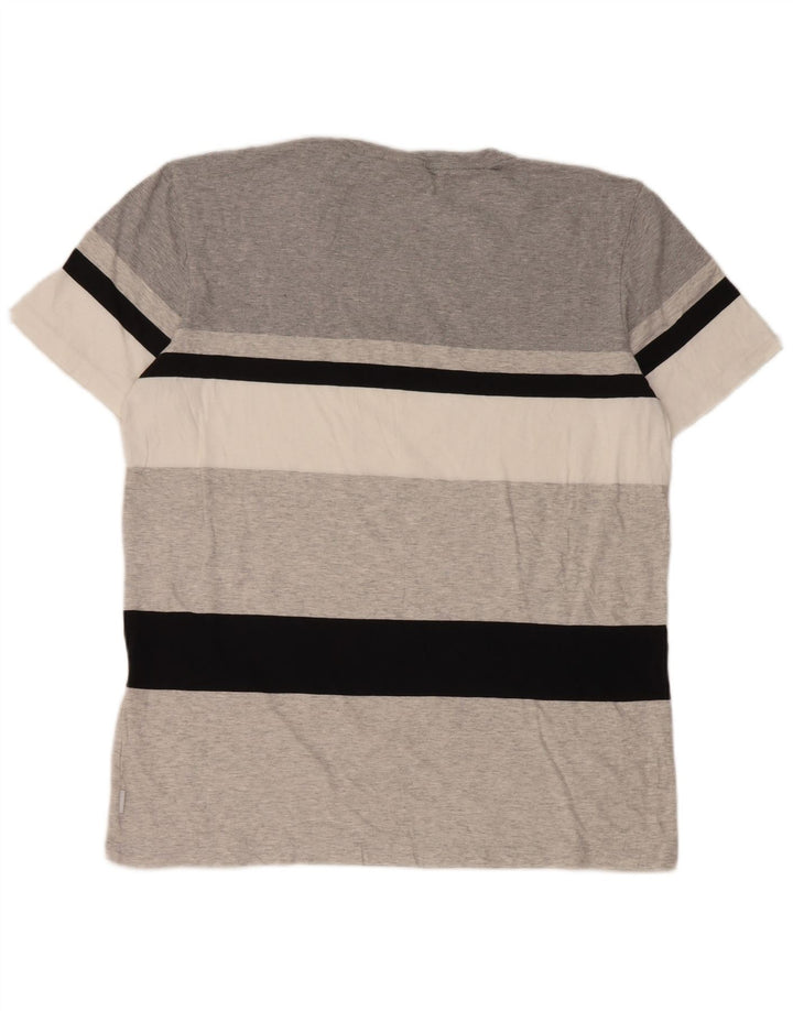 Camiseta masculina Adidas grande algodão listrado cinza